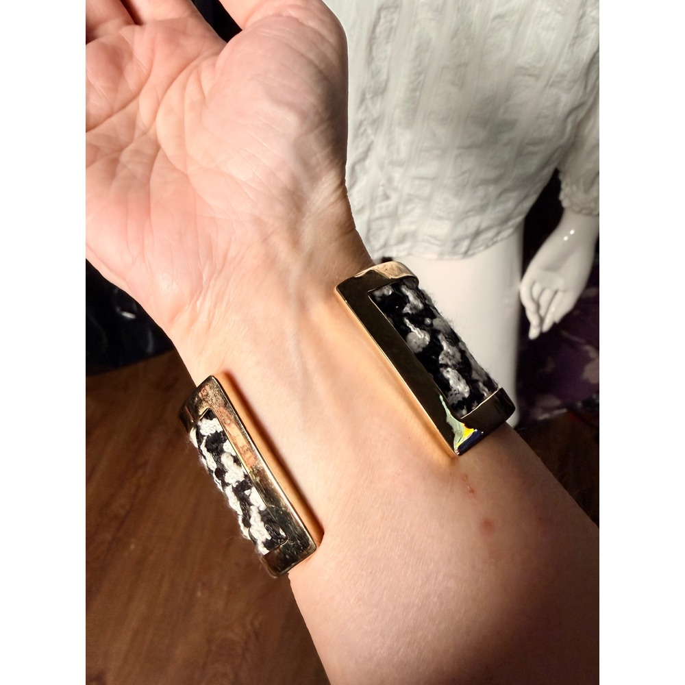 St. John Gold Tone Wide Cuff Bracelet Black White Knit Inlay Statement Jewelry - Picture 3 of 7